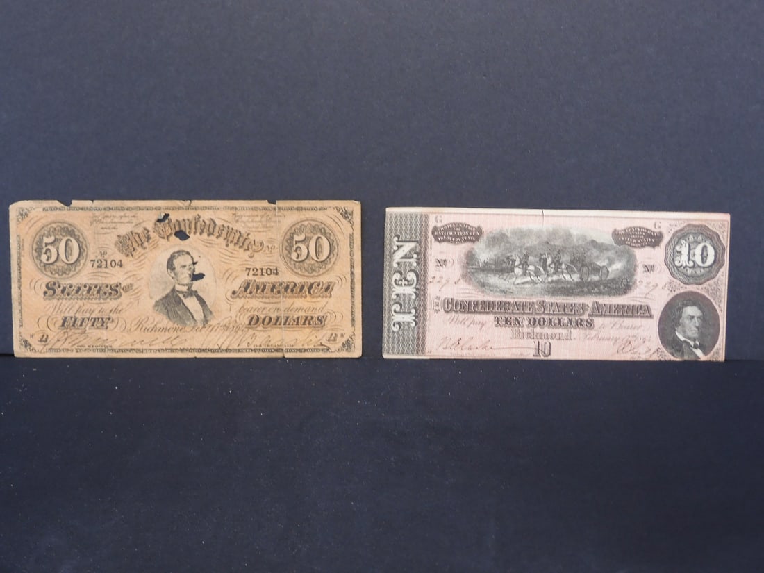 10 Dollar and 50 Dollar Confederate Notes (50 is listed as counterfeit) (1 of 9)