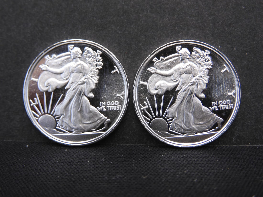 2 Walking Liberty Design 1/10 Troy Ounce .999 Fine Silver Rounds (1 of 2)