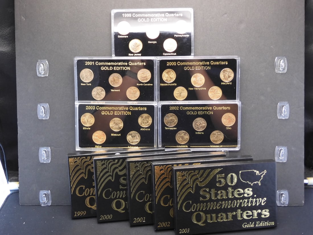 1999, 2000, 2001, 2001, 2003 Gold Layered State Quarter Sets (1 of 7)