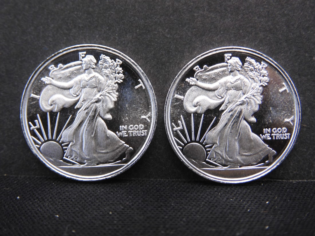 2 Walking Liberty Design 1/10 Troy Ounce .999 Fine Silver Rounds (1 of 2)