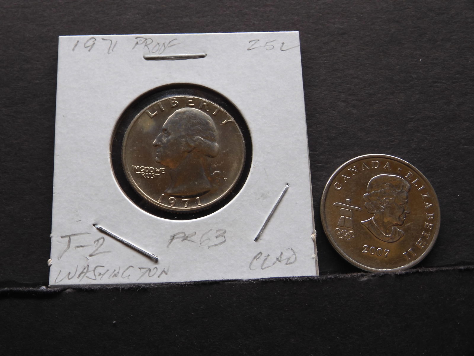 Lot of TWO (2) 25 Cent Coins - 2007 Canada 25 Cent Coin & 1971 Washington Quarter T-2 Clad PR63 (1 of 5)