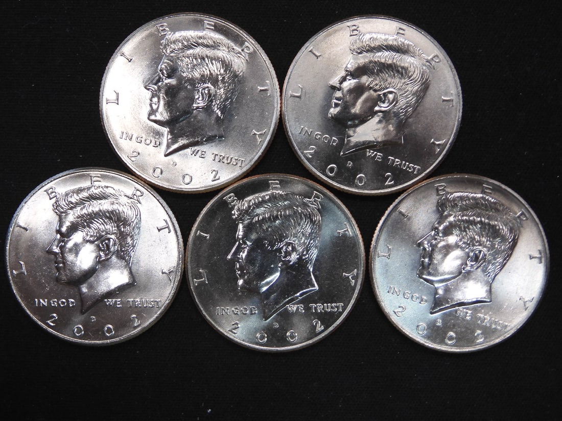 5 2002-D Clad Kennedy Half Dollars Uncirculated From Canvas Mint Bag (1 of 2)
