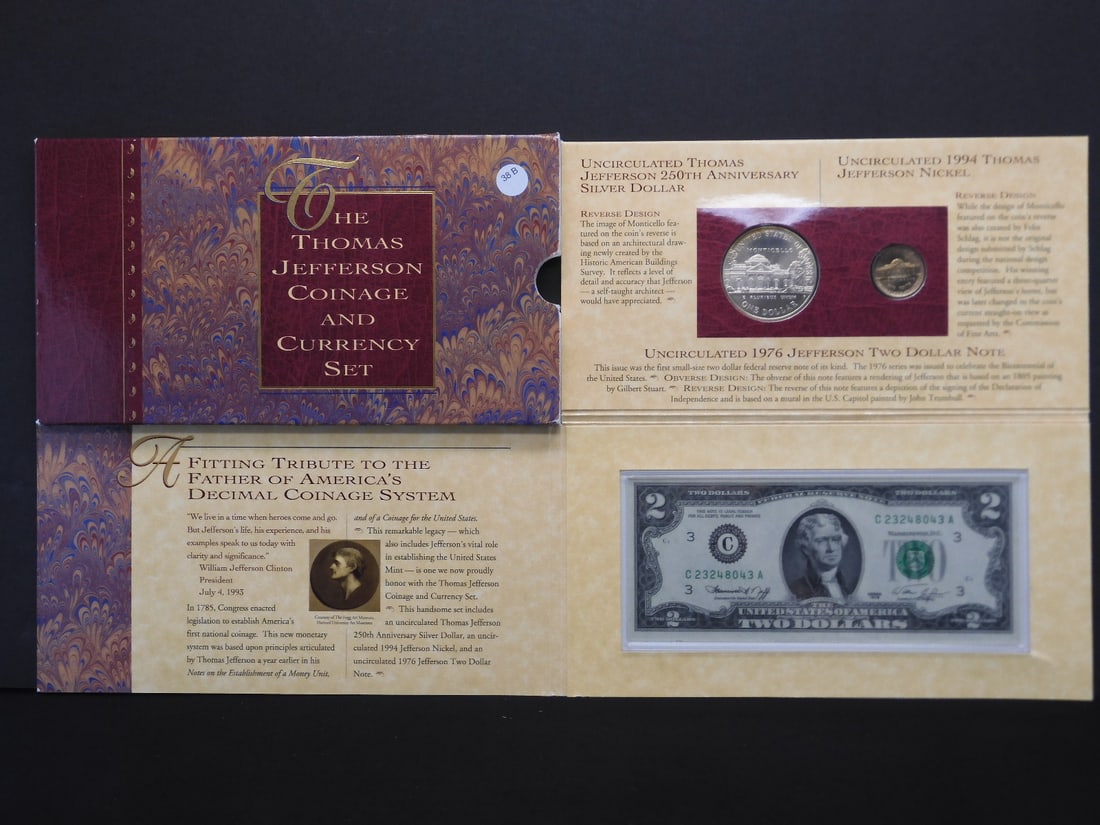 The Thomas Jefferson Coinage & Currency Set- 1993-P Silver Dollar, 1994-P Nickel, 1976 $2 Note- All (1 of 6)