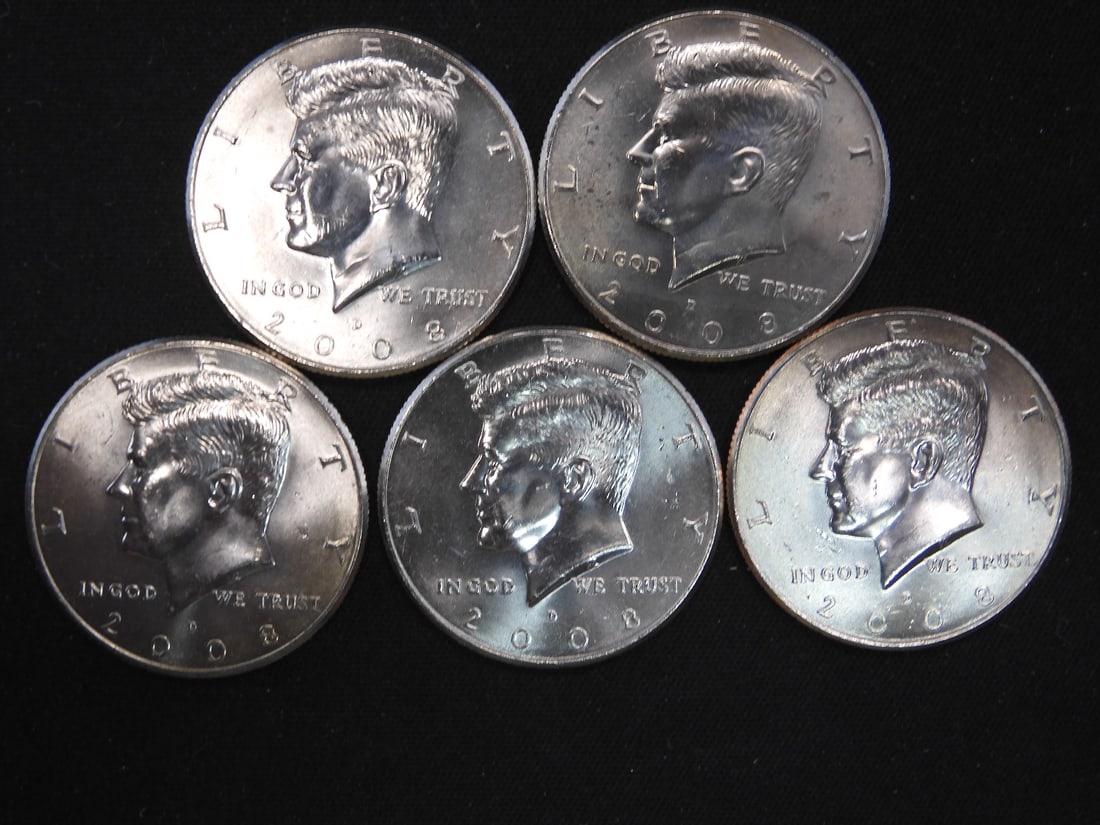 5 2008-D Clad Kennedy Half Dollars Uncirculated From Canvas Mint Bag: 5 2008-D Clad Kennedy Half Dollars Uncirculated From Canvas Mint Bag