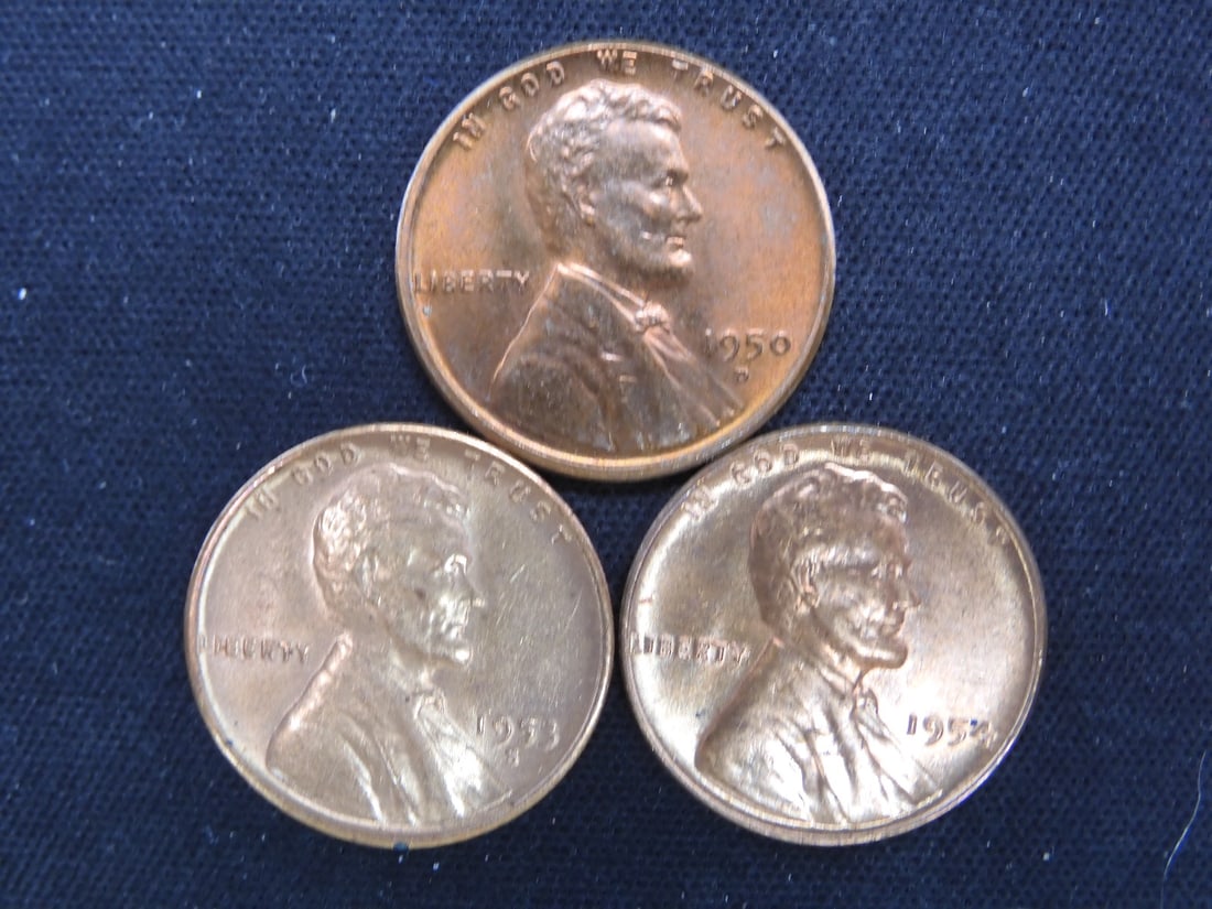 1950-D, 1953-S, 1954-P R/B Uncirculated Lincoln Wheat Cents (1 of 2)