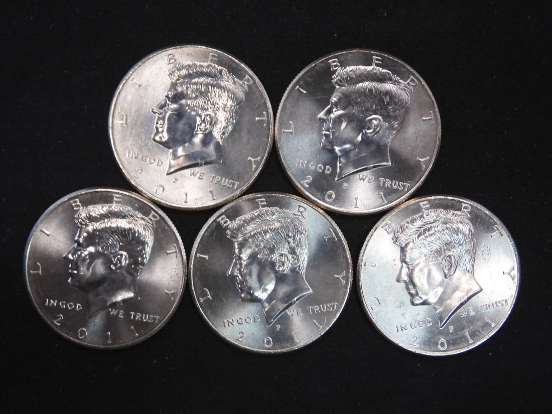 5 2011-P Clad Kennedy Half Dollars Uncirculated From Canvas Mint Bag (1 of 2)