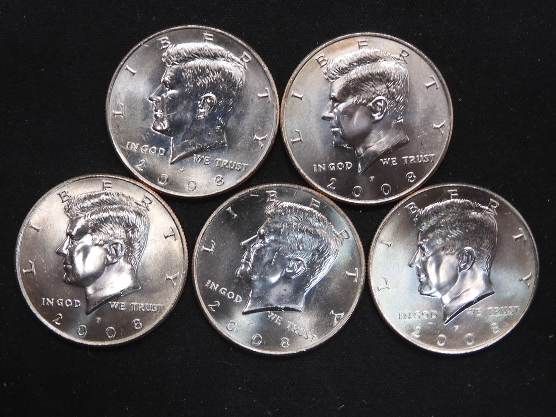 5 2008-P Clad Kennedy Half Dollars Uncirculated From Canvas Mint Bag (1 of 2)