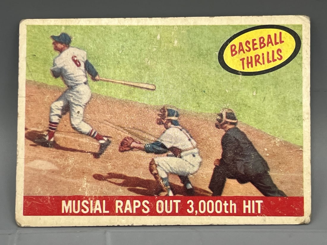 1959 Topps Baseball Thrills Stan Musial Raps Out 3000th Hit #470: 1959 Topps Baseball Thrills Stan Musial Raps Out 3000th Hit #470