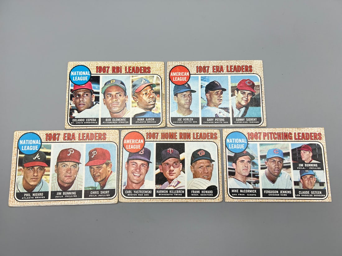 Lot of (5) 1968 Topps Baseball Leaders Cards W/ Stars - Varying Conditions - Roberto Clemente, Hank (1 of 2)