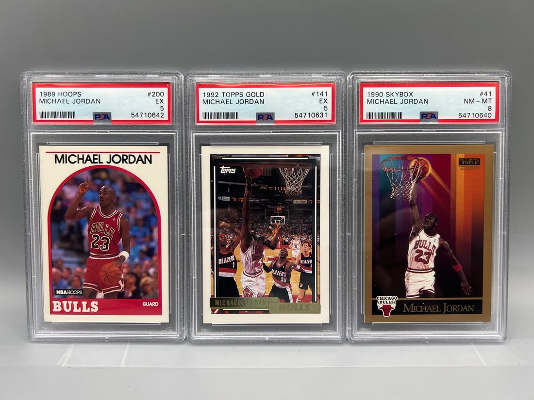 1989 Hoops Michael Jordan #200 PSA EX 5, 1992 Topps Gold Michael Jordan #141 PSA EX 5, & 1990 Skybox (1 of 2)