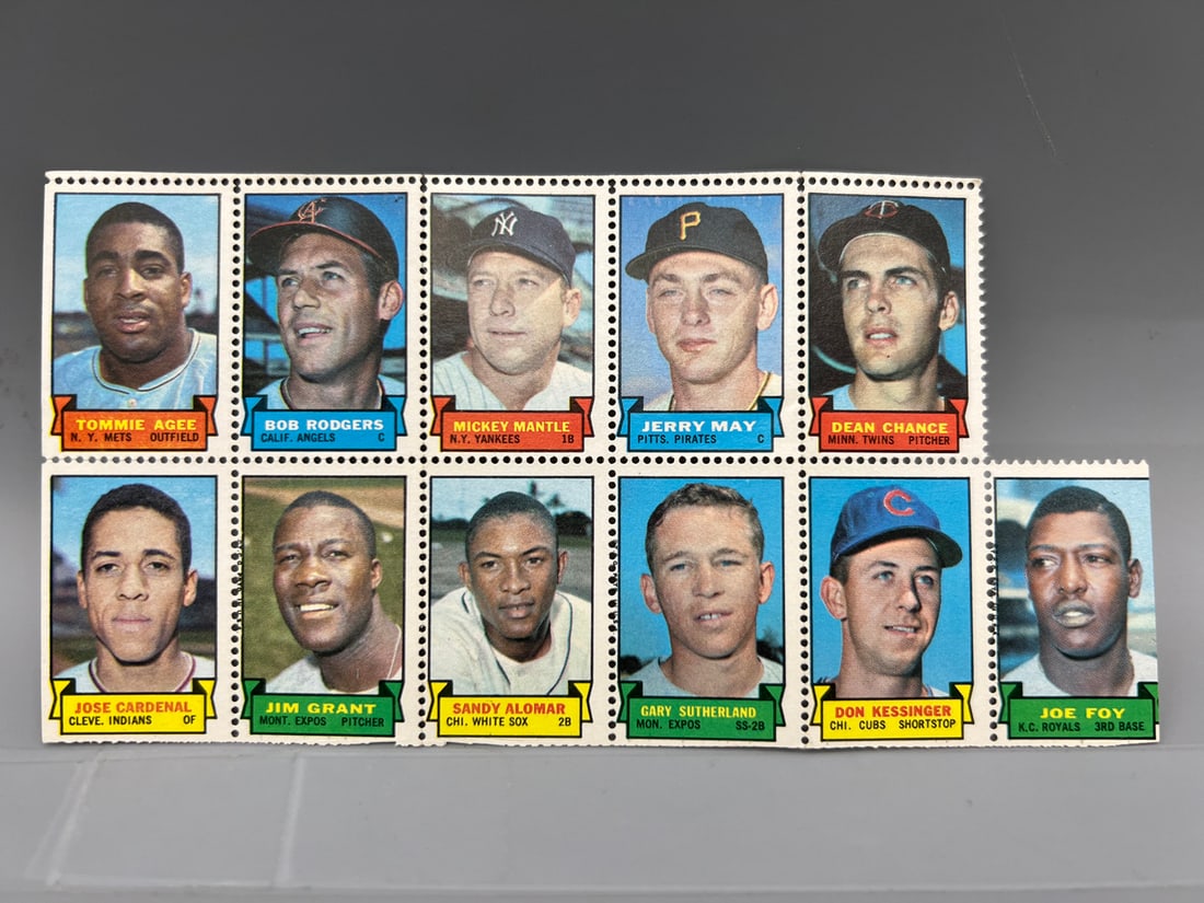 1969 Topps Stamp Panel (11 Stamps) with Mickey Mantle (1 of 2)