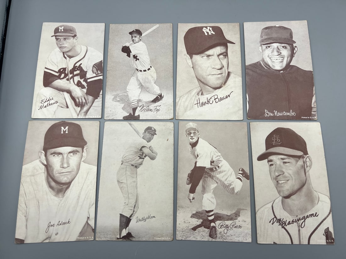 1947-1966 Exhibit Baseball Card Lot (8) w/ Eddie Mathews, Nellie Fox & Stars Blank & Stat Backs (1 of 2)