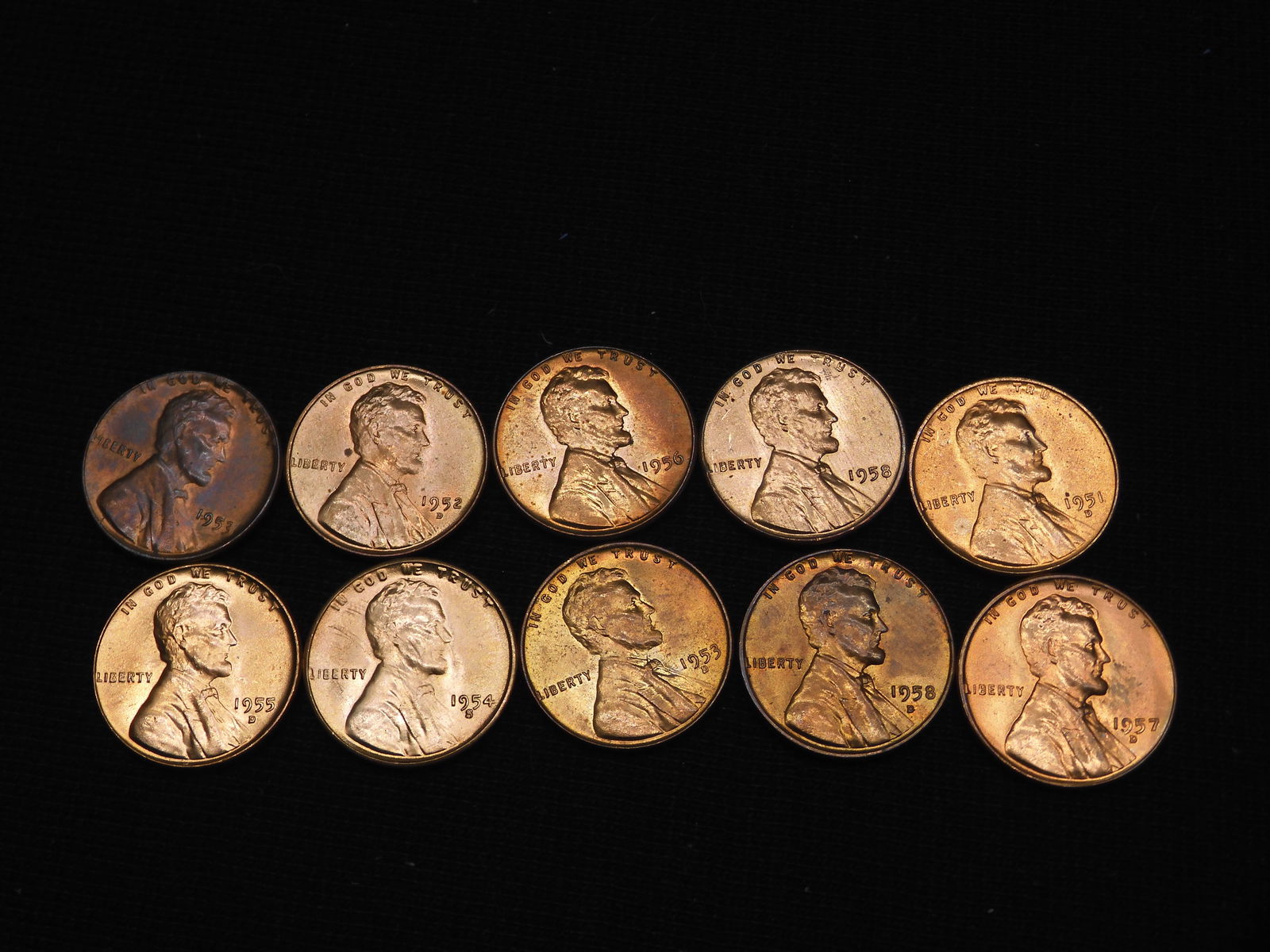 10 Mixed Date Red BU 1950's Lincoln Wheat Cents- No Duplicates (1 of 4)