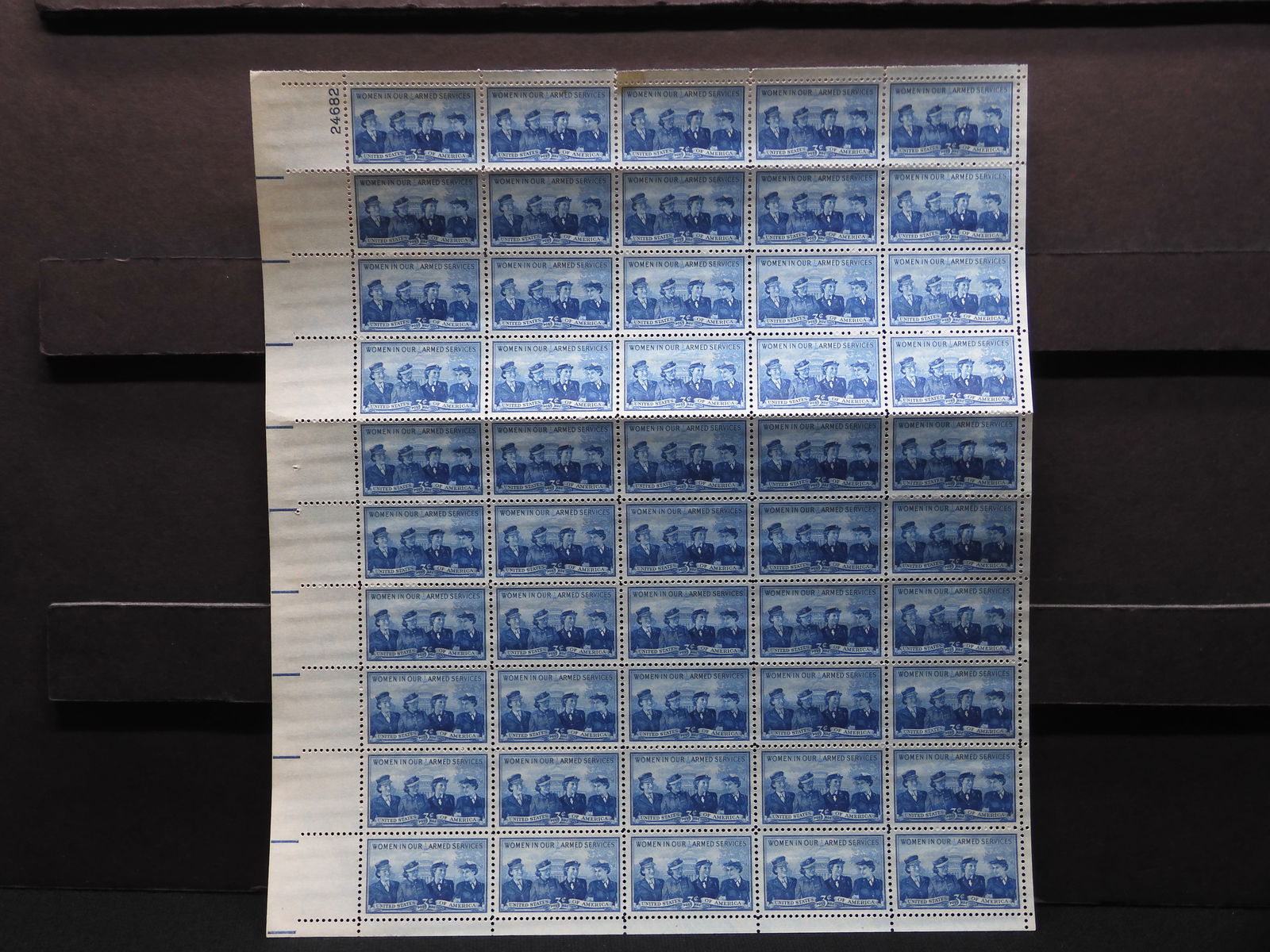 1952 Woman In Our Armed Services 3-Cent Sheet Of 50 U.S. Stamps.  Scotts # 1013.  Plate Block # (1 of 2)
