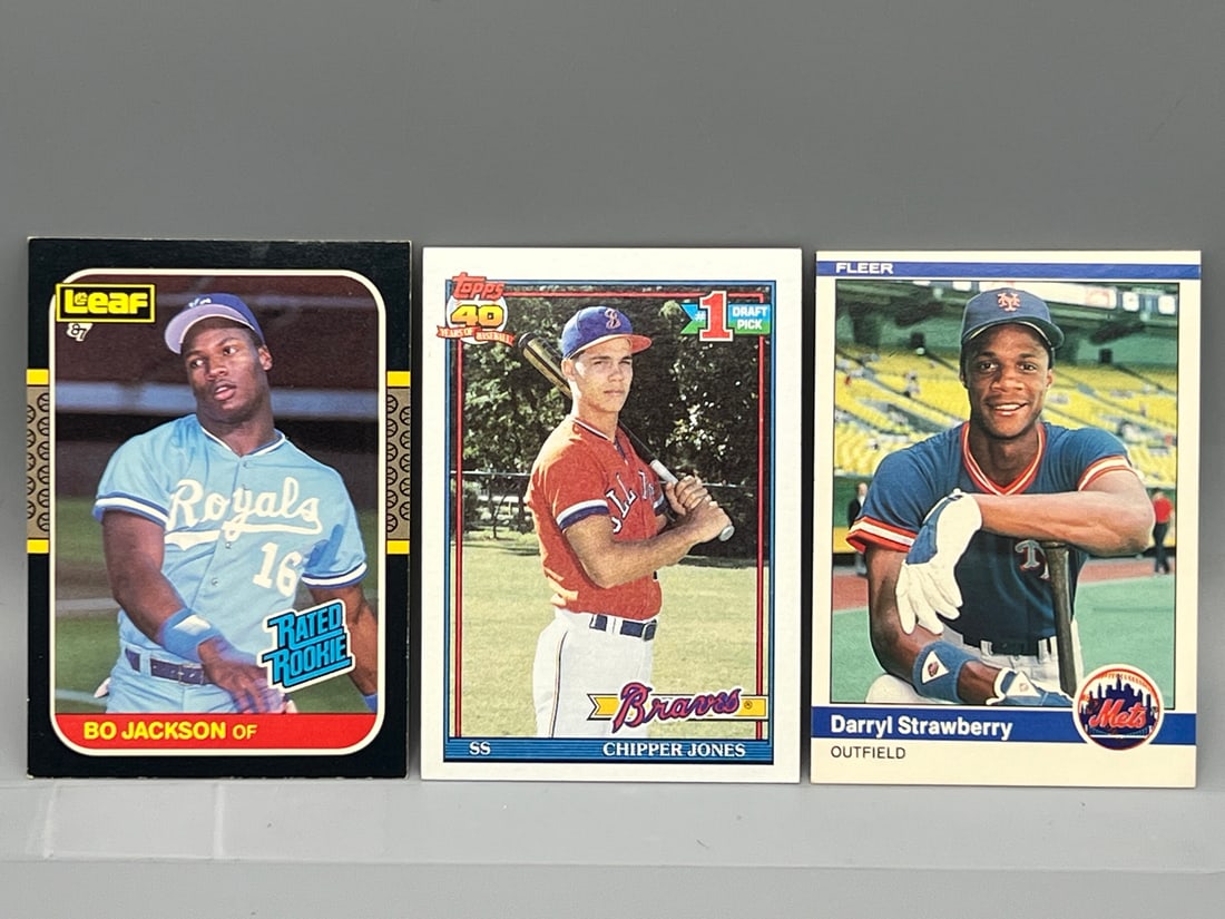 1987 Leaf Bo Jackson RC #35, 1991 Topps Chipper Jones RC #333, & 1984 Fleer Darryl Strawberry RC: 1987 Leaf Bo Jackson RC #35, 1991 Topps Chipper Jones RC #333, & 1984 Fleer Darryl Strawberry RC #599