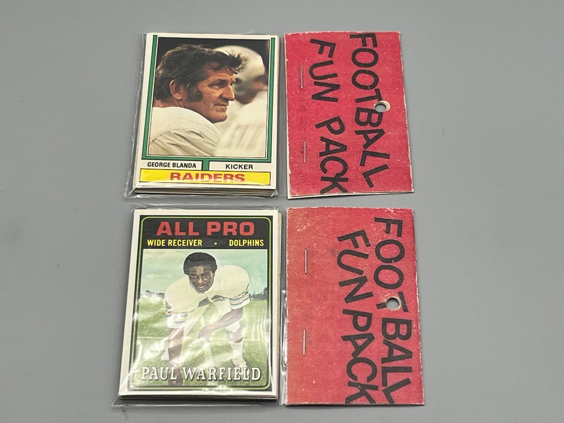 Lot of (2) West Corp. Cello Fun Pack Repack 1974 Topps Football Unopened Packs W/ George Blanda, (1 of 2)
