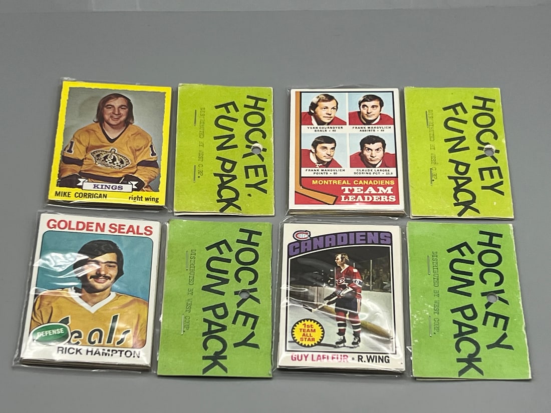 Lot of (4) West Corp. Cello Fun Pack Repack 1973-73, 1974-75, 1975-76, & 1976-77 Topps Hockey (1 of 2)