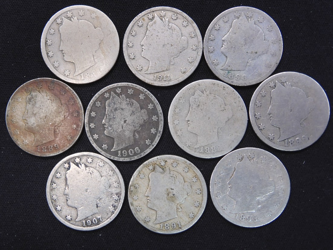 10 Liberty Head V Nickels, Better Mix. Includes Several Better Dates: 10 Liberty Head V Nickels, Better Mix. Includes Several Better Dates