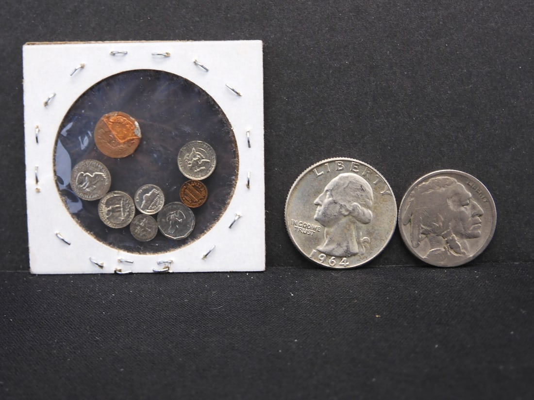 1964-D Washington 25c., 1920 Buffalo Nickel, Miniature Coins (1 of 5)