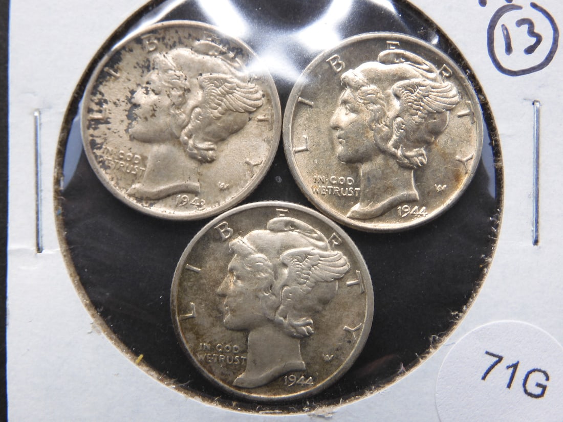 1943-S, 1944, 1944-D Mercury Dimes. UNC, AU-BU. WWII Era. 90% Silver (1 of 3)