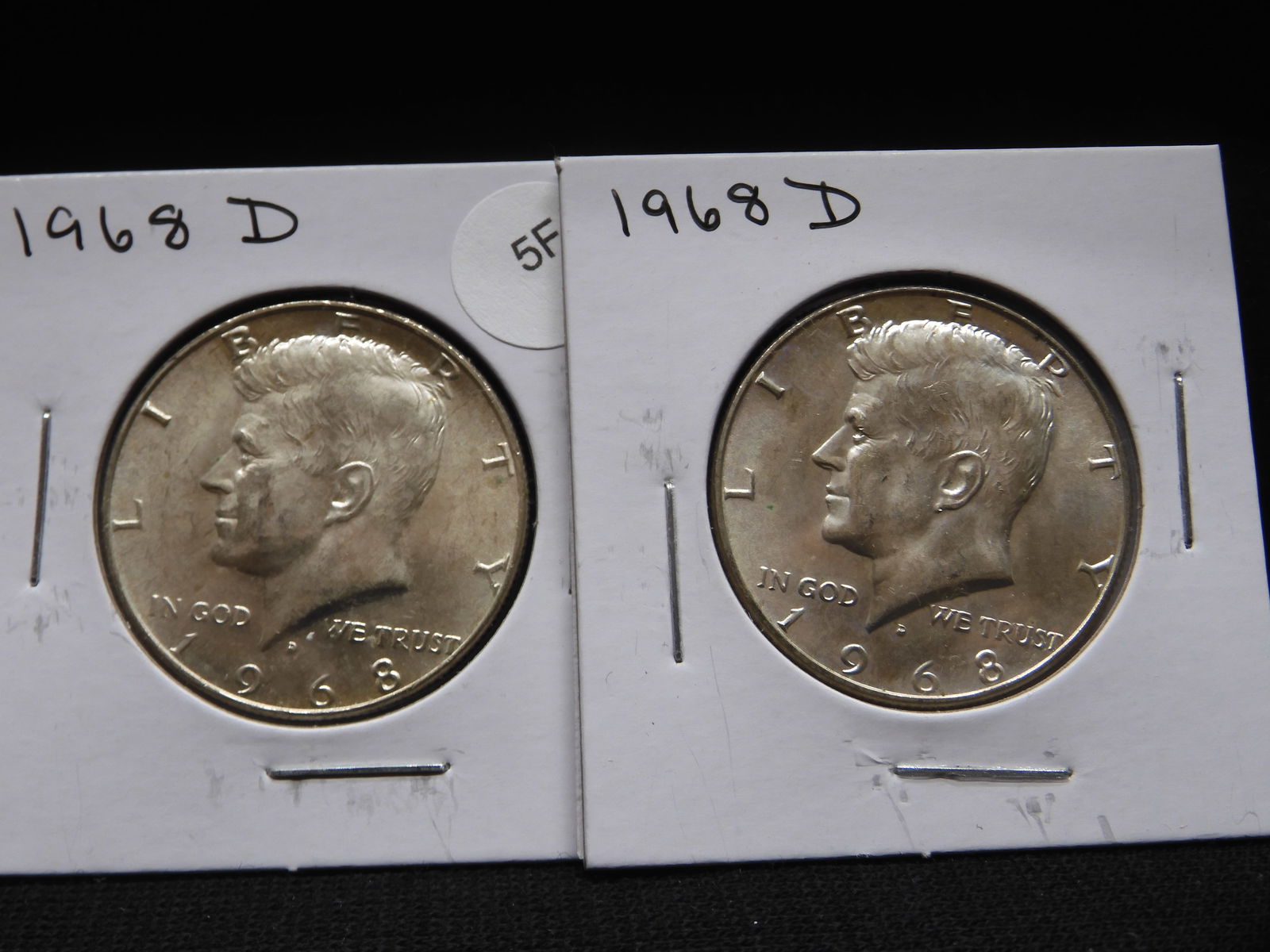 2-1968D Kennedy Half Dollars. UNC. 40% Silver (1 of 3)