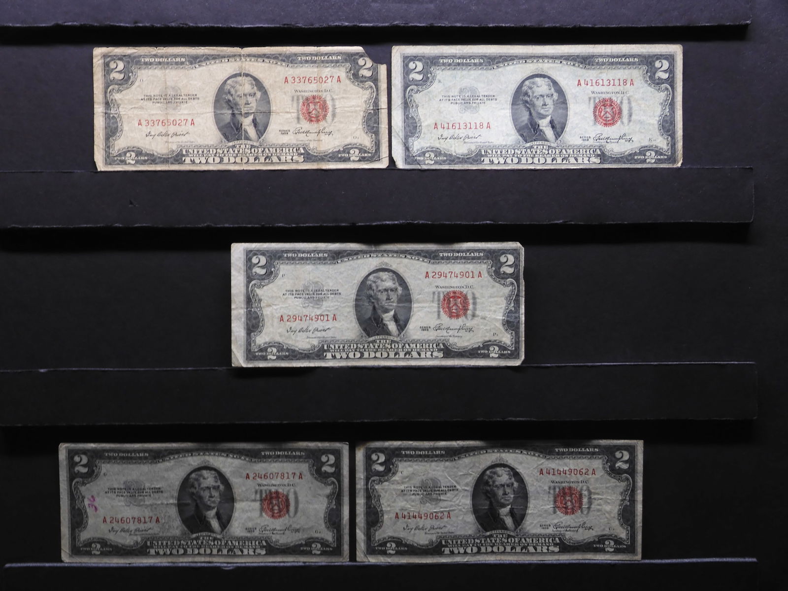 5 1953 Red Seal $2 US Bank Notes (1 of 4)