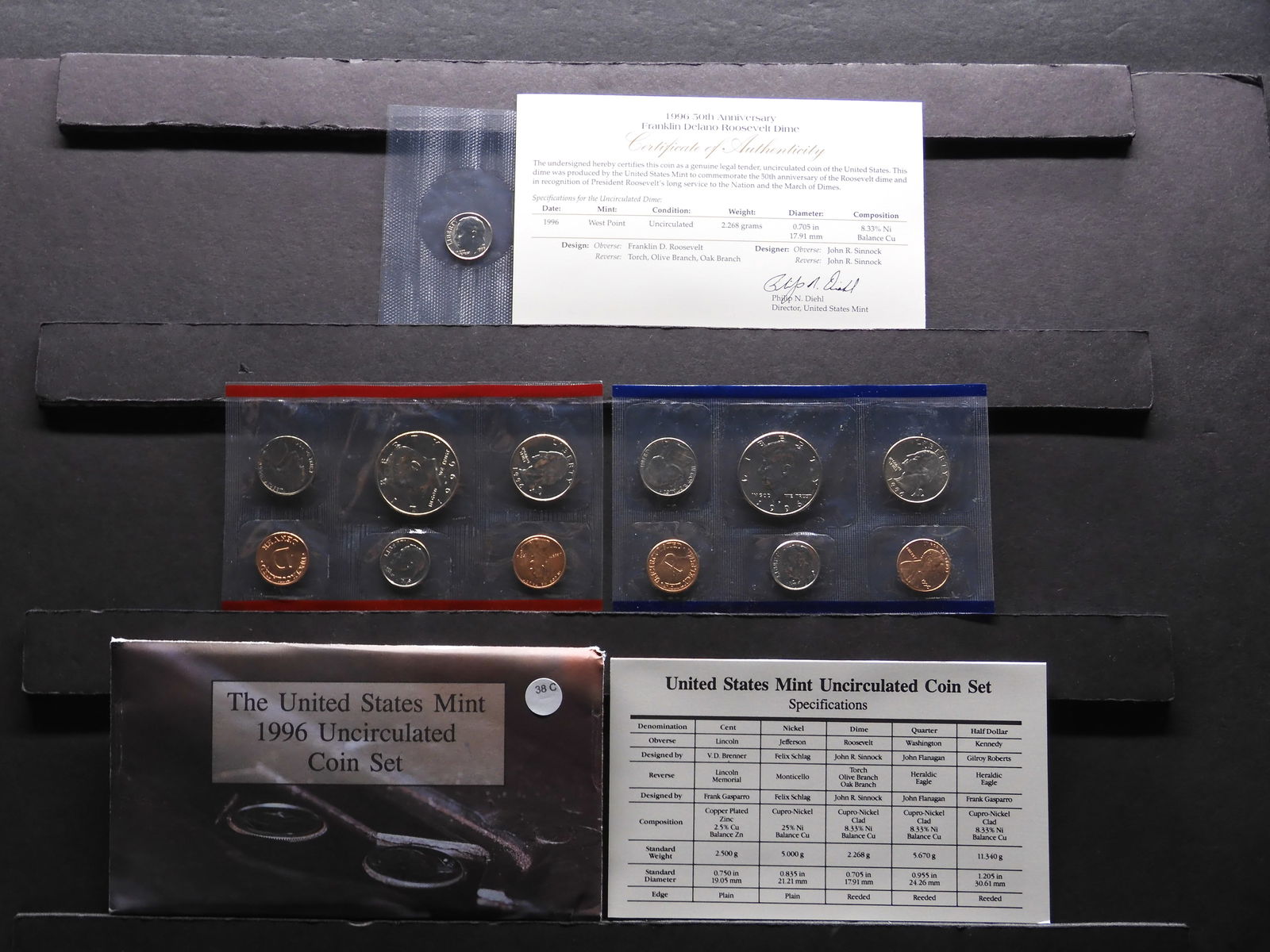 1996 US Mint Uncirculated Coin Set. Includes 1996W Roosevelt Dime. 50th Anniversary. OGP (1 of 9)