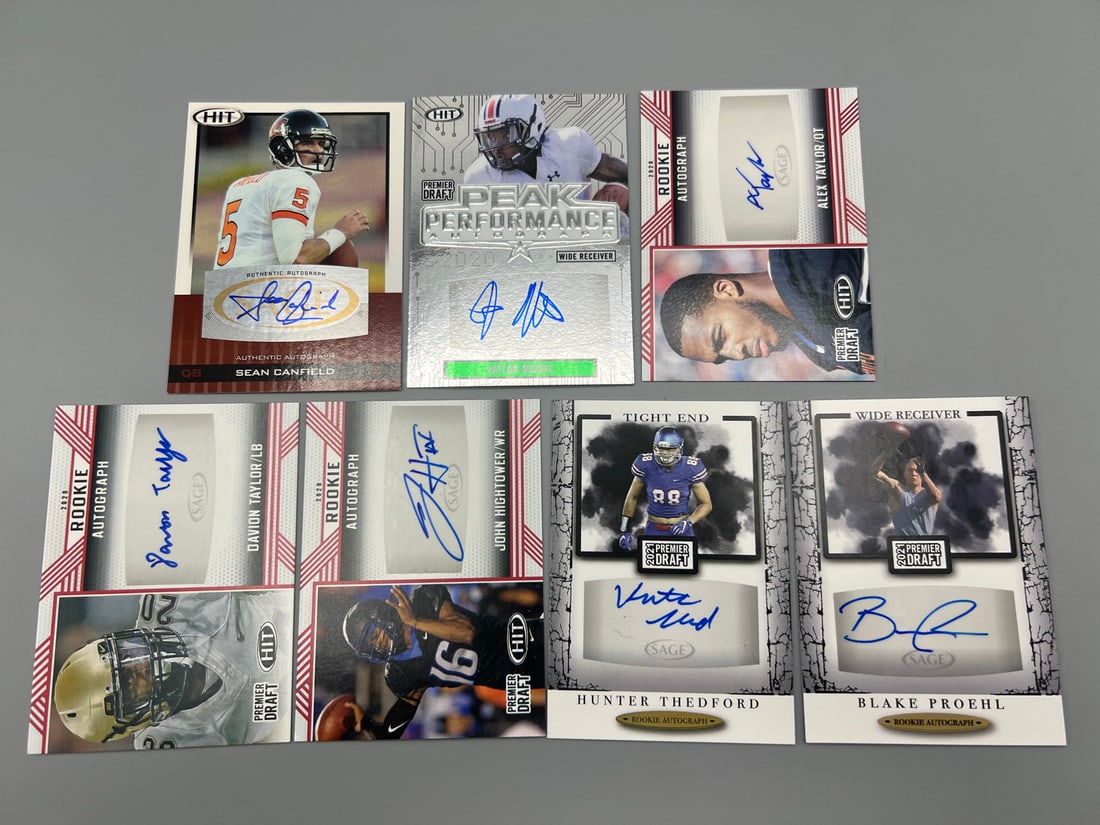 Lot of (7) Assorted Sage & Hit Football RC Auto Cards - Varying Conditions (1 of 2)