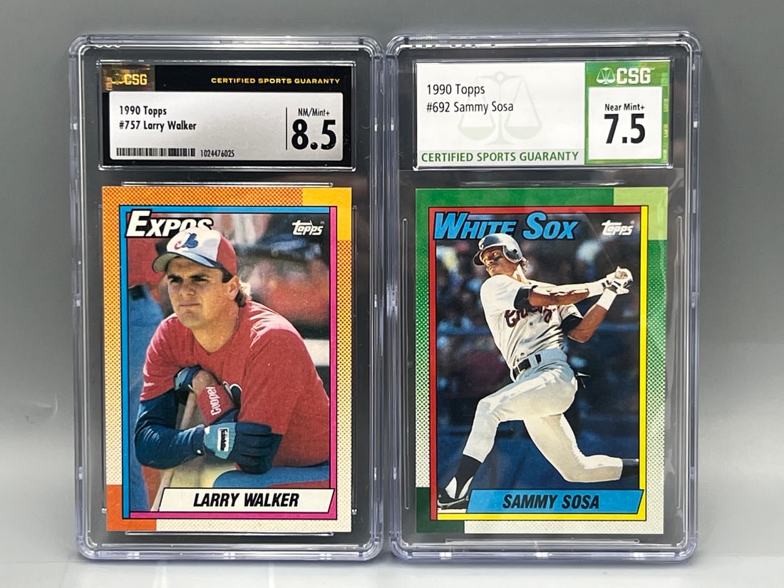 1990 Topps Larry Walker RC #757 CSG NM-MT+ 8.5 & 1990 Topps Sammy Sosa RC #692 CSG NM+ 7.5 (1 of 2)
