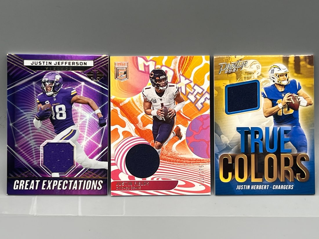 Lot of (3) Assorted Football Star Player Jersey Relic Cards - Varying Conditions - Justin Jefferson, (1 of 2)