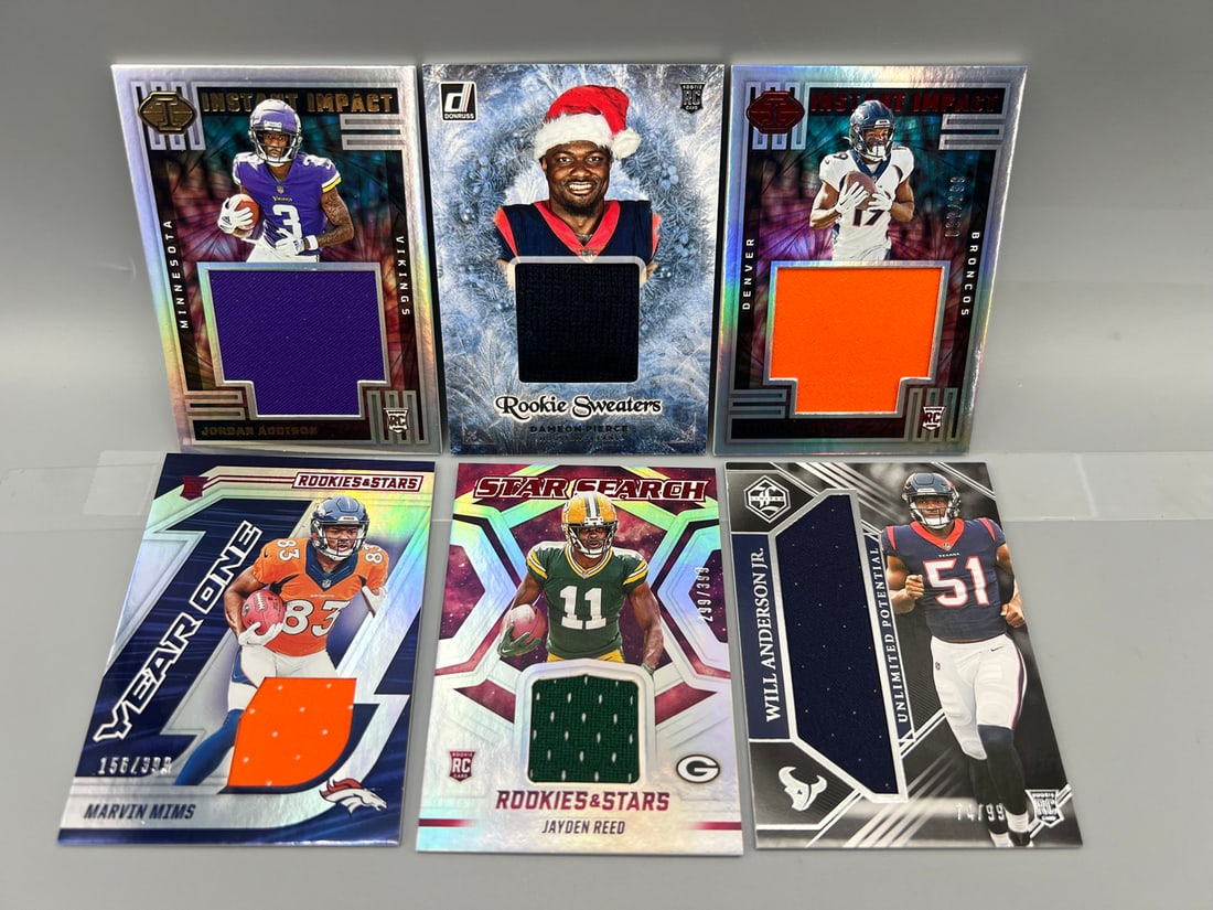 Lot of (6) Assorted Football Rookie Jersey Relic Cards - Varying Conditions - Jordan Addison (1 of 2)