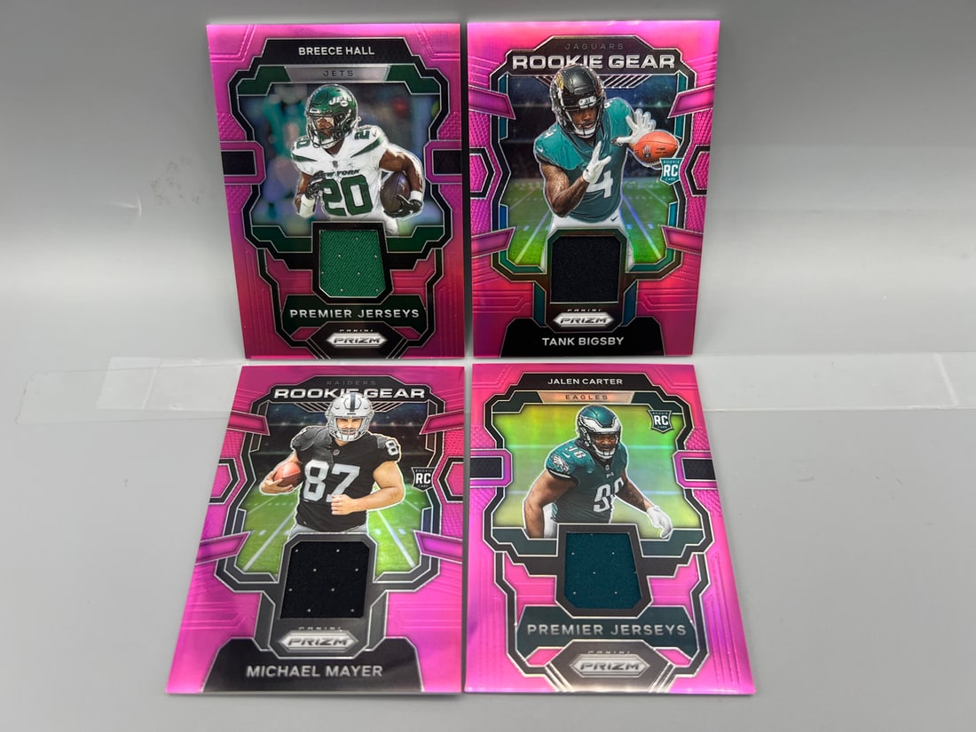 Lot of (4) 2023 Panini Prizm Football Pink Rookie Jersey Relic Cards - Varying Conditions - Michael (1 of 2)