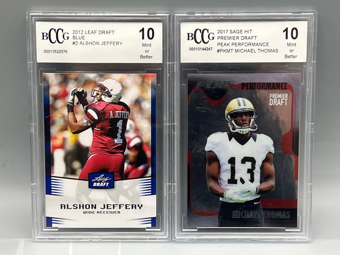 2012 Leaf Draft Alshon Jeffery Blue RC #2 BCCG 10 & 2017 Sage Hit Michael Thomas Premier Draft Peak (1 of 2)