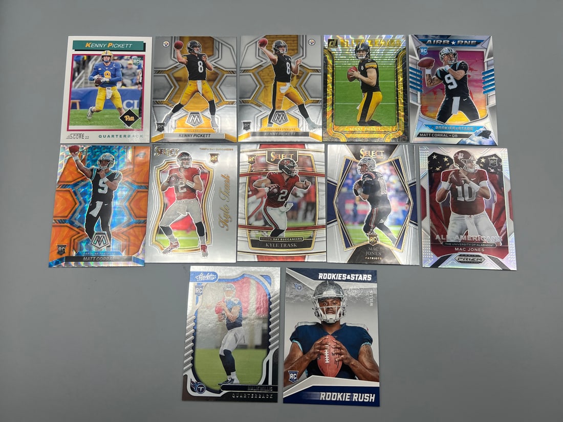 Lot of (12) Assorted Football Quarterback Rookie Cards - Varying Conditions - Kenny Pickett, Kyle: Lot of (12) Assorted Football Quarterback Rookie Cards - Varying Conditions - Kenny Pickett, Kyle Trask, Mac Jones, Matt Corral, Malik Willis