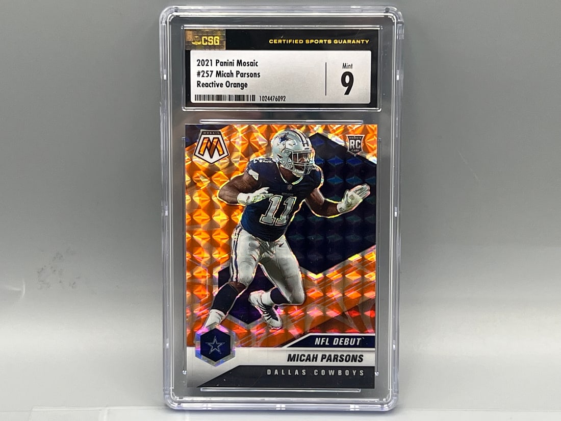 2021 Panini Mosaic Micah Parsons Reactive Orange NFL Debut RC #257 CSG Mint 9 (1 of 2)