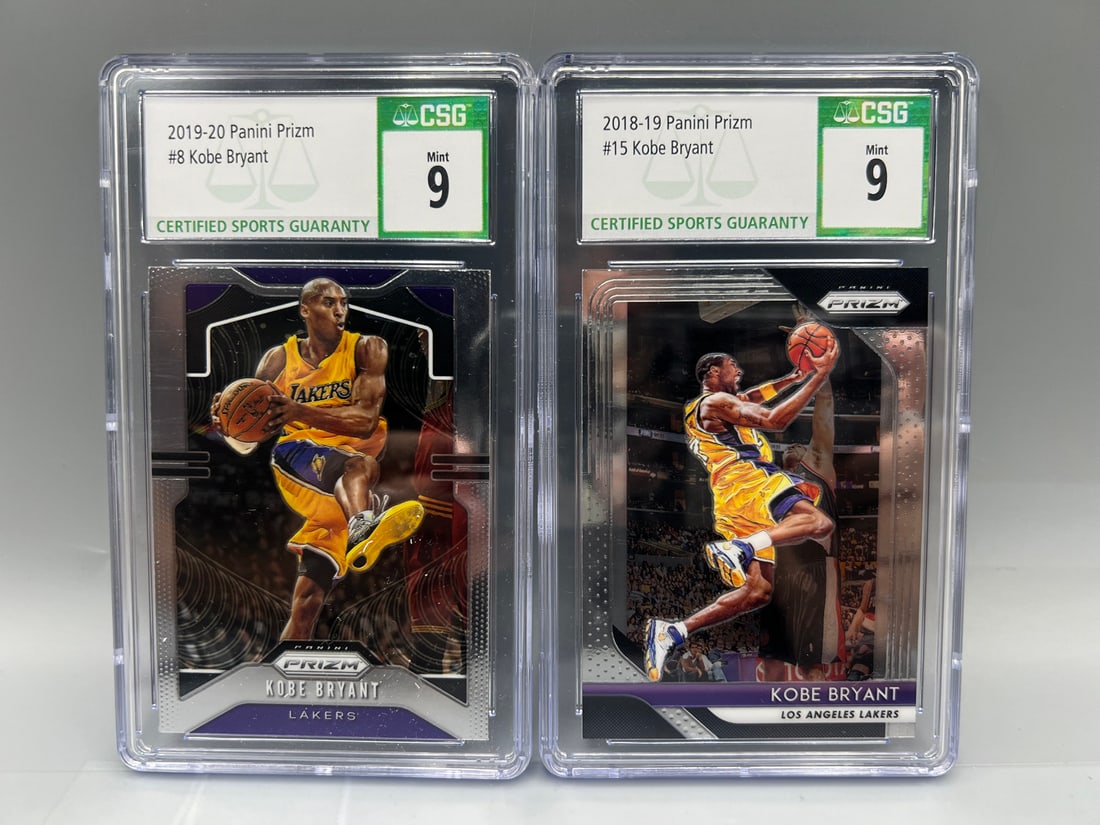 2018-19 Panini Prizm Kobe Bryant #15 CSG Mint 9 & 2019-20 Panini Prizm Kobe Bryant #8 CSG Mint 9 (1 of 2)