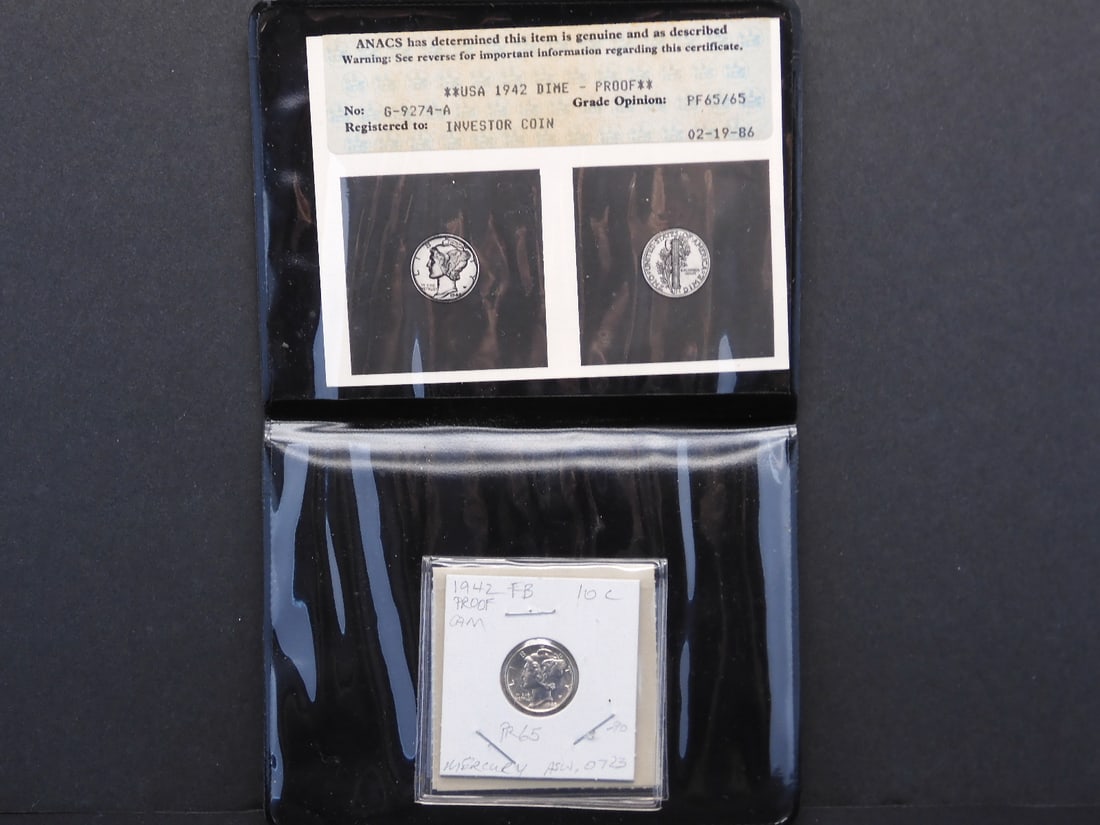 ANACS Certified 1942 Proof Full Split Bands PF65 Silver Mercury Dime (1 of 3)