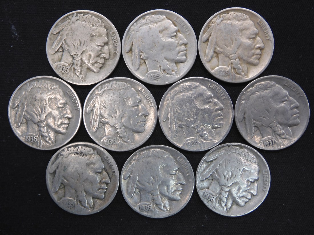 10 Mixed Date/Mixed Mint Mark Buffalo Nickels. Full Dates (1 of 2)