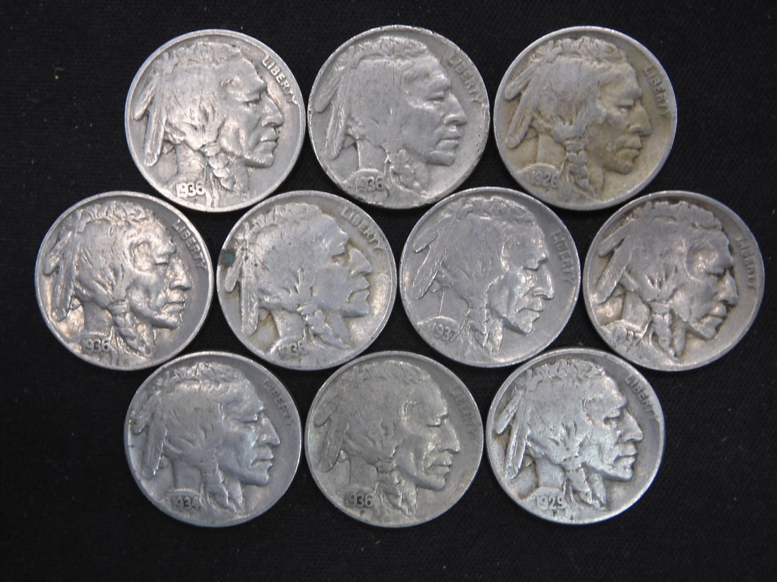 10 Mixed Date/Mixed Mint Mark Buffalo Nickels. Full Dates (1 of 2)