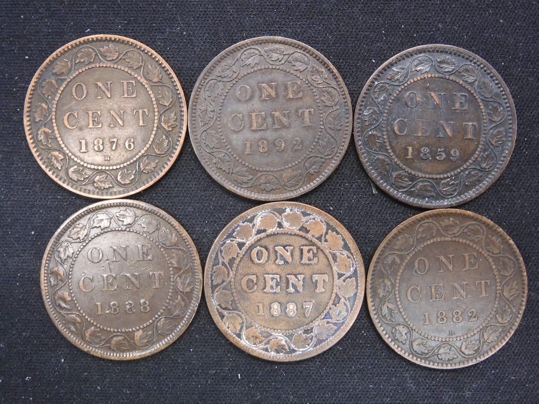 1859 1876-H 1882-H 1887 1888 1892 Vintage Canadian Large Cents. (1 of 2)