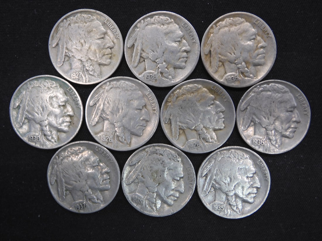 10 Mixed Date/Mixed Mint Mark Buffalo Nickels. Full Dates (1 of 2)