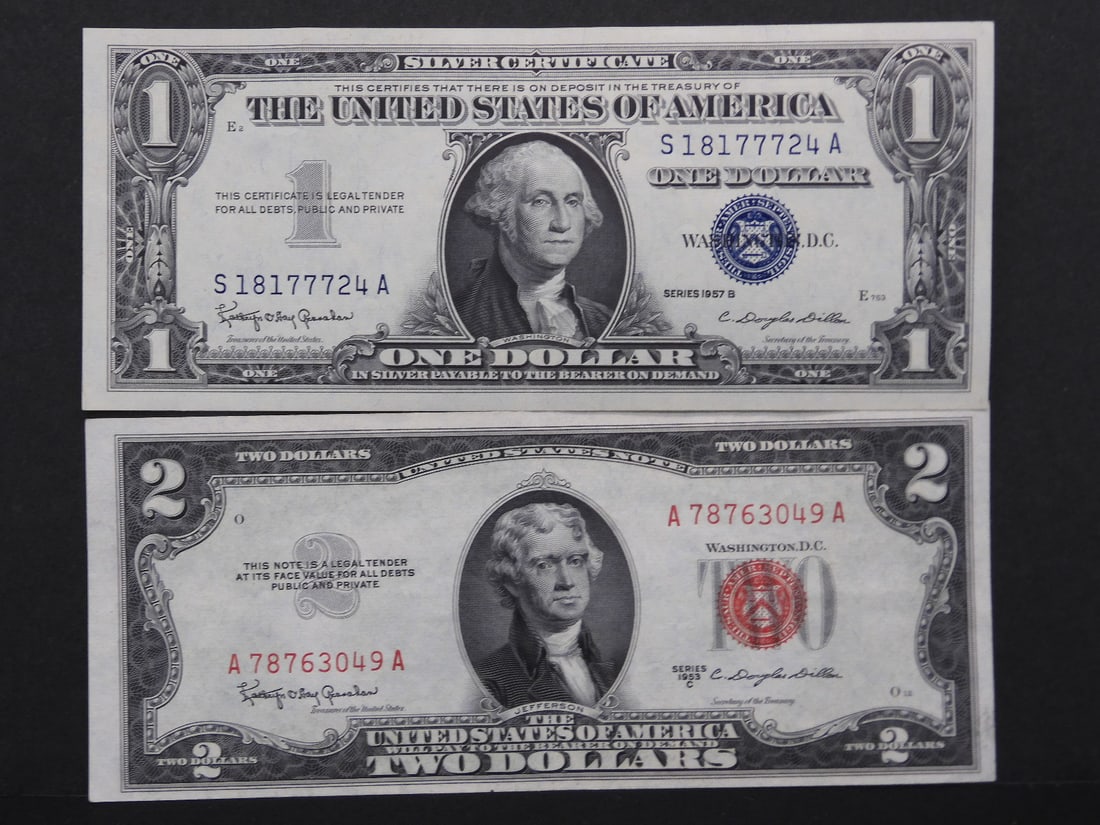 1957-B & 1953-C Bright Crisp Uncirculated $1 & $2 Blue & Red Seal Silver Certificate & U.S. Note. (1 of 3)