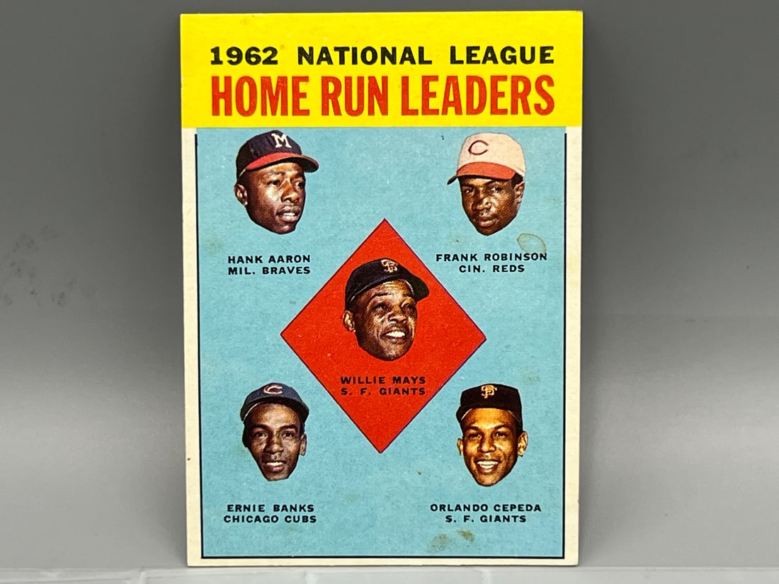 1963 Topps NL Home Run Leaders #3 w/ Hank Aaron, Willie Mays, Ernie Banks, Frank Robinson, Orlando (1 of 2)