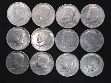 8 1971, 1973-D, 2 1974, 1979 Clad Kennedy Half Dollars- 12 Coins