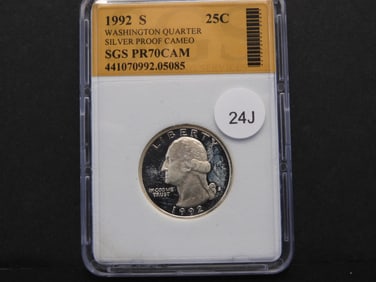 1992-S Silver Washington Quarter SGS Slabbed PR70CAM