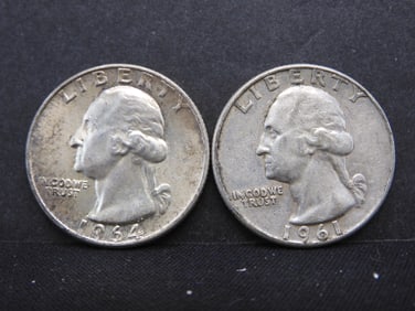 1961-D + 1964-P 90% Silver Washington Quarters