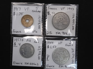 4 French Coins (1917 5 Centimes/1957B 1 Franc-AU/1944 2 Francs & 1943 2 Francs)