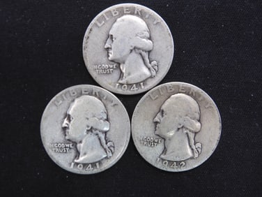 2 1941-P + 1 1942-S 90% Silver Washington Quarters