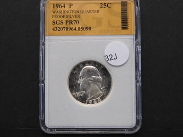 1964 Silver Washington Quarter SGS Slabbed PR70