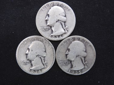 1934, 1935-D, 1936 90% Silver Washington Quarters